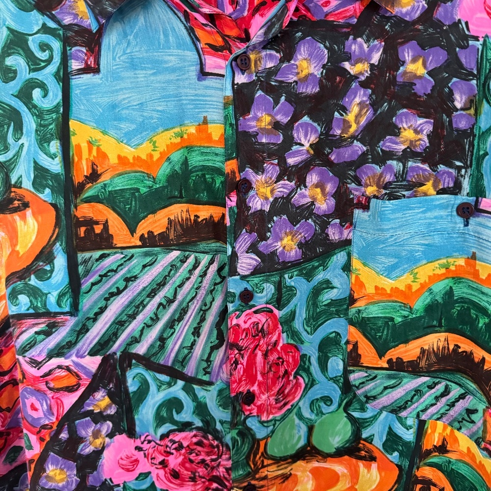Vintage Silk Club Shirt Mens Large Colorful Floral Landscape Art AOP Button Up - Picture 4 of 11